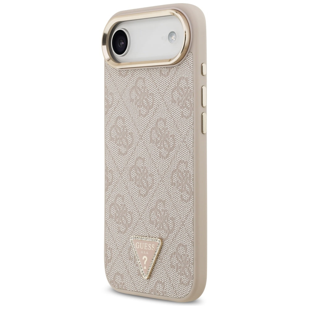 Guess iPhone Air - 4G Triangle Strass Logo MagSafe - Σκληρή Θήκη με Επένδυση Συνθετικού Δέρματος - Pink / Gold - GUHMP17MP4GTDGMP