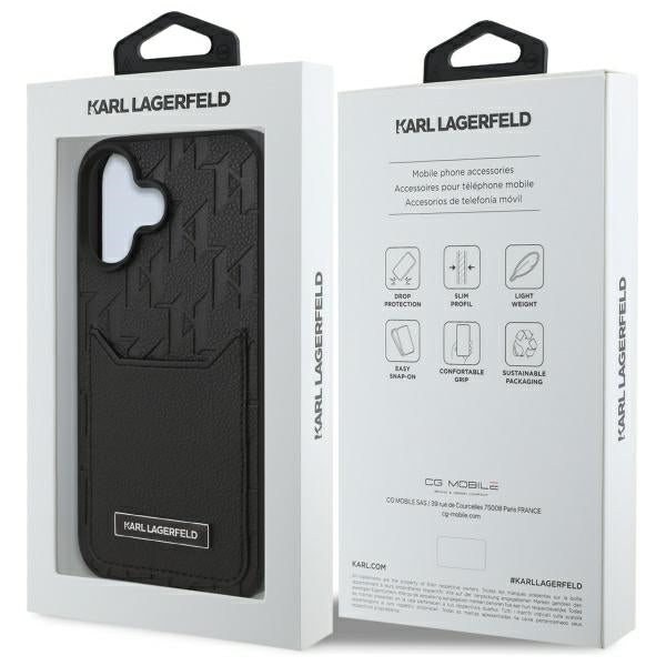 Karl Lagerfeld iPhone 16 Cardslots Monogram Σκληρή Θήκη με Επένδυση Συνθετικού Δέρματος και Υποδοχή για Κάρτα - Black - KLHCP16SPGKHPRPK