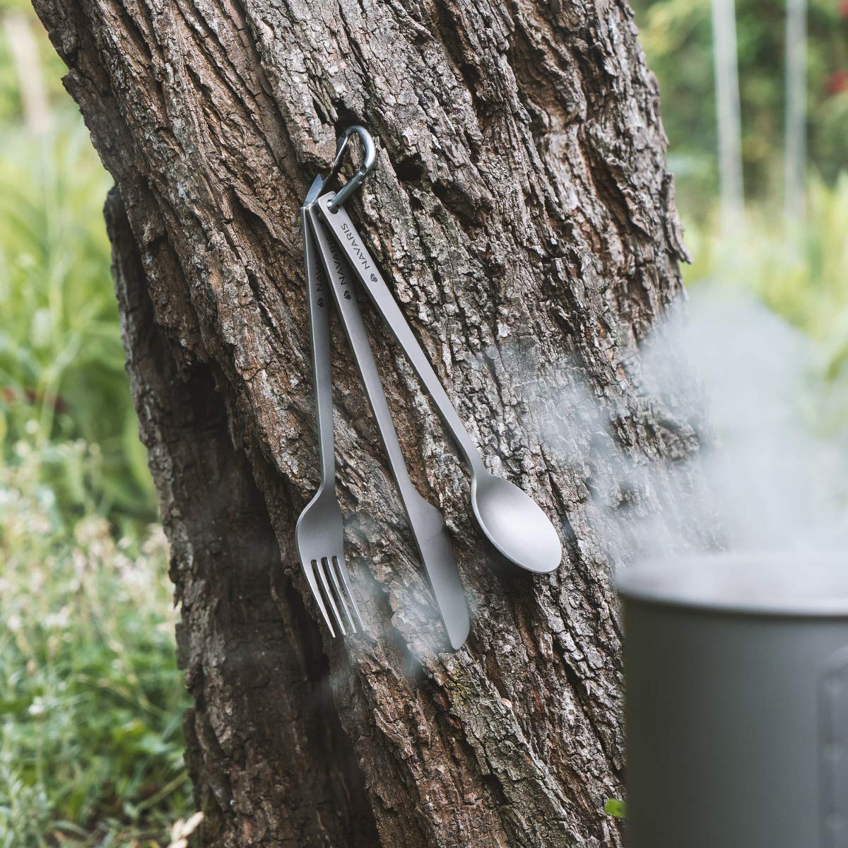 Navaris Titanium Camping Cutlery Set - Φορητό Σετ με Κουτάλι, Πιρούνι και Μαχαίρι από Τιτάνιο - Grey - 46937.02