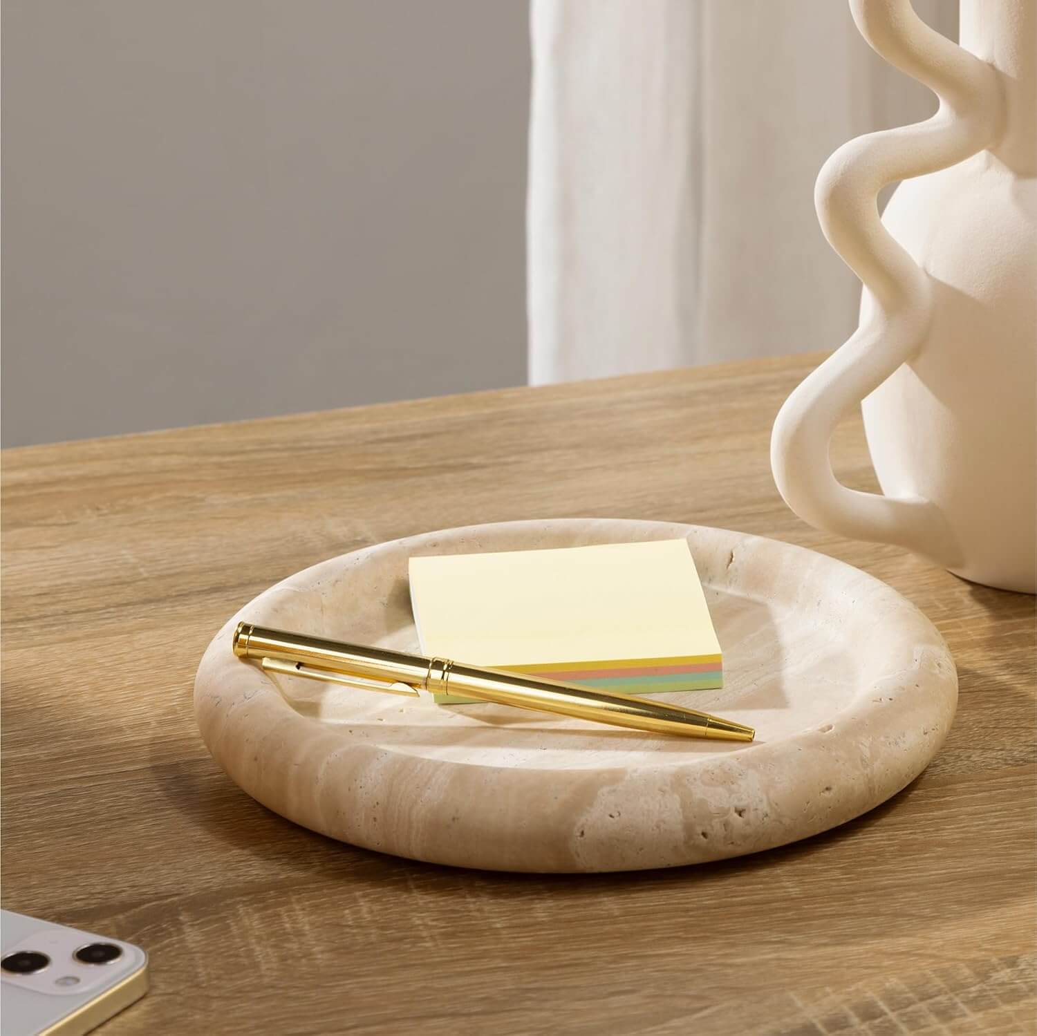 Navaris Στρόγγυλος Διακοσμητικός Δίσκος από Φυσική Πέτρα Τραβερτίνη - 20 x 2,5 cm - Beige Natural