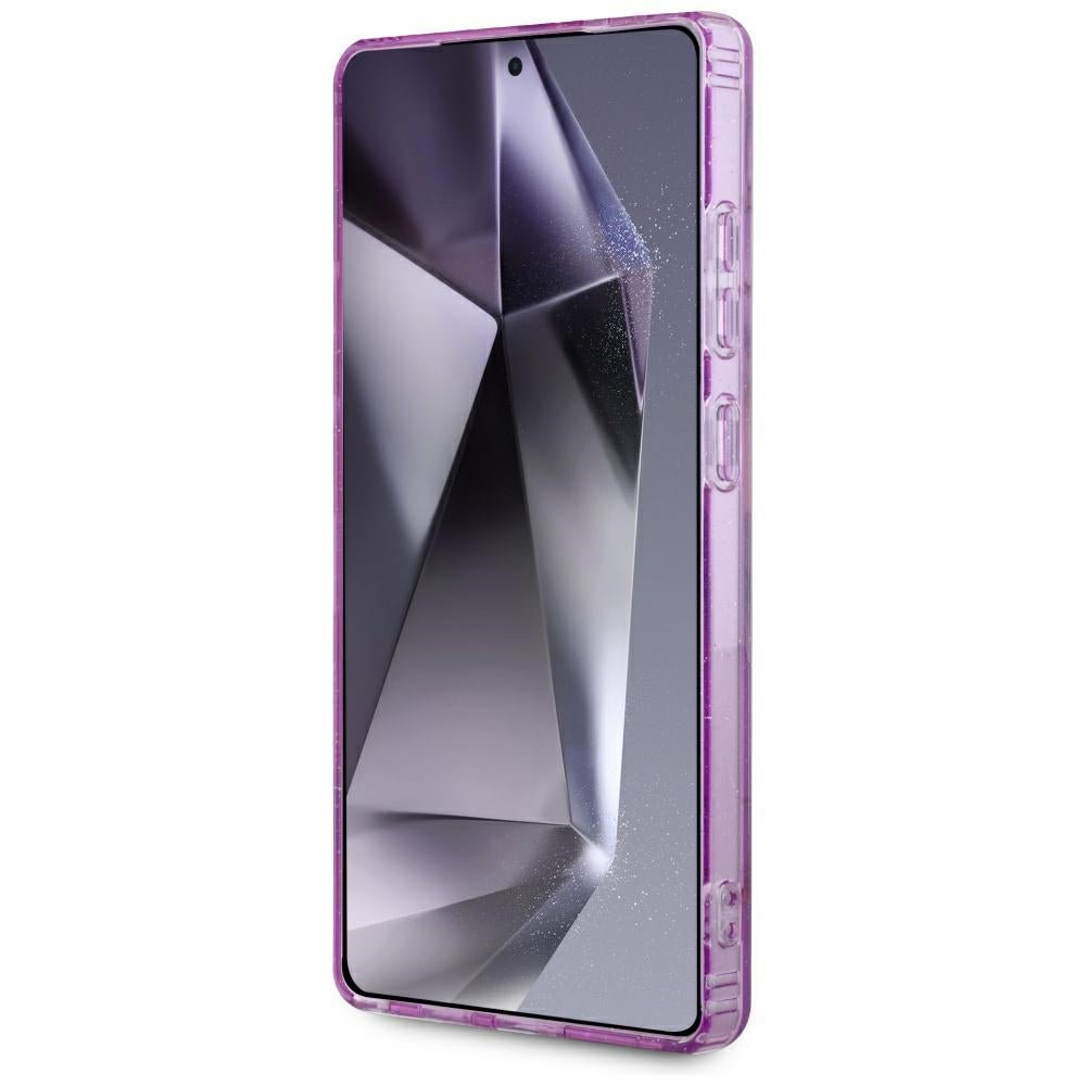 Guess Samsung Galaxy S25 Ultra - Glitter Flowers Triangle Buttons MagSafe - Σκληρή Θήκη με Πλαίσιο Σιλικόνης - Purple - GUHMS25LHFLPEDU
