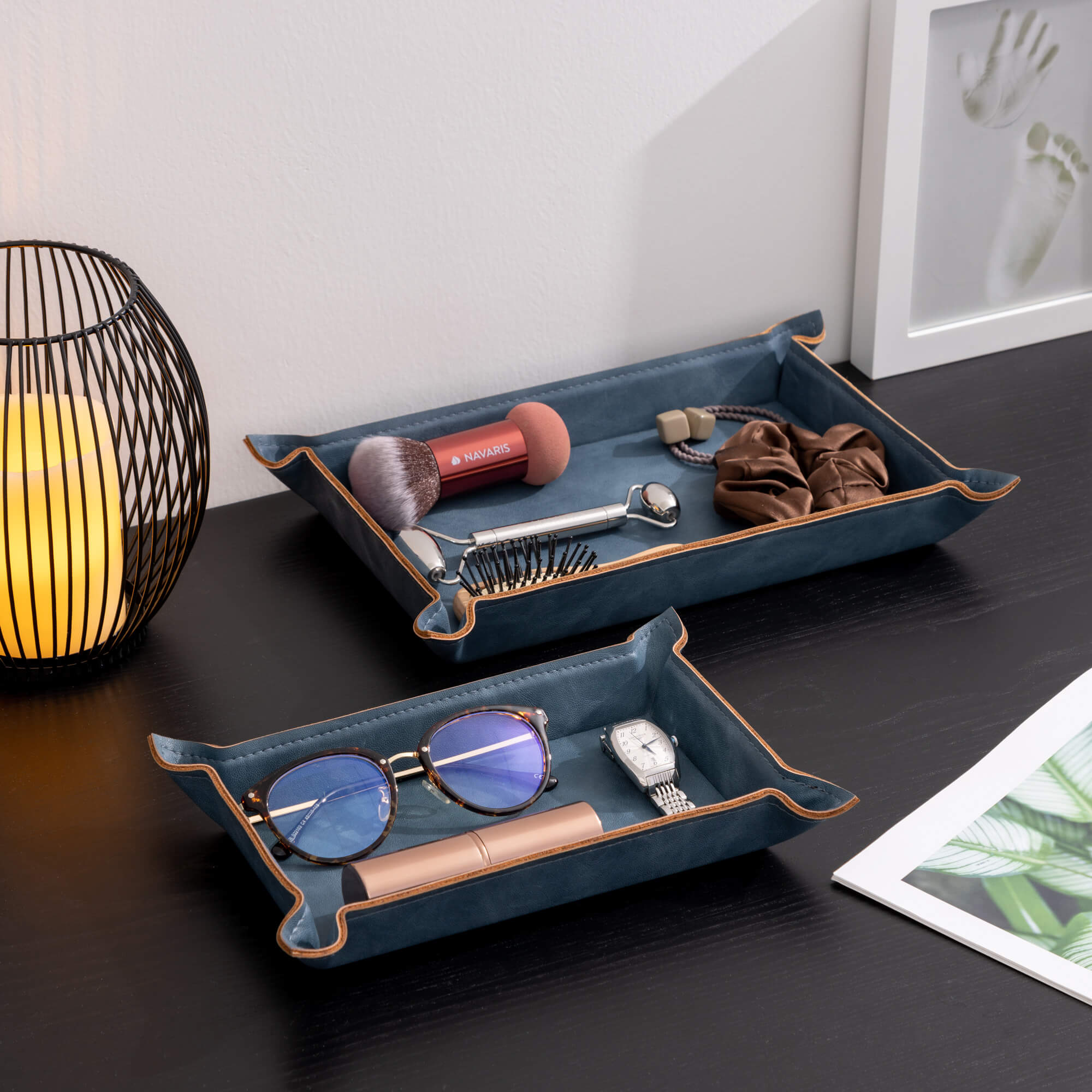 Navaris Σετ με 2 Δίσκους Αποθήκευσης με Διαχωριστικά από Δερματίνη - Blue - 58080.17