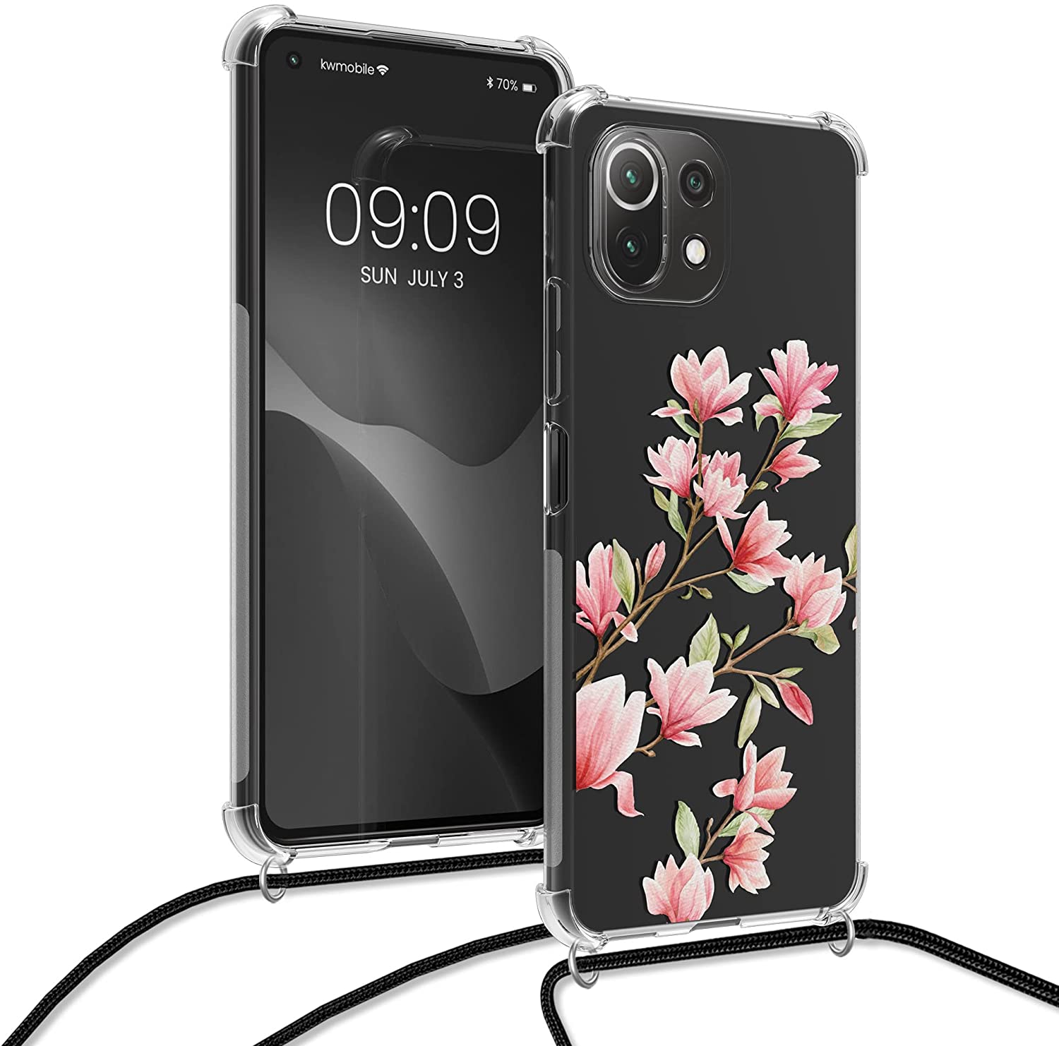 KW Xiaomi Mi 11 Lite / Mi 11 Lite 5G Θήκη Σιλικόνης TPU με Λουράκι Design Magnolias - Light Pink / White - Διάφανη - 56530.02