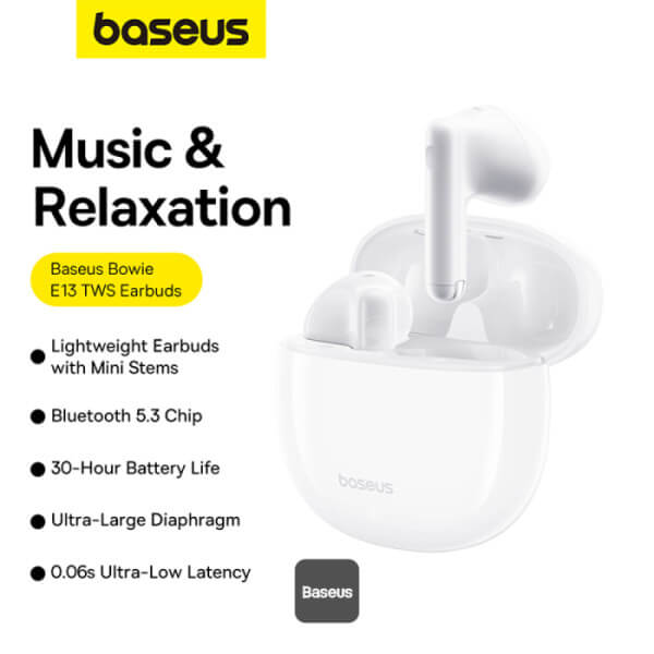 Baseus Bowie E13 - TWS Bluetooth 5.3 - Ασύρματα ακουστικά για Κλήσεις / Μουσική - White