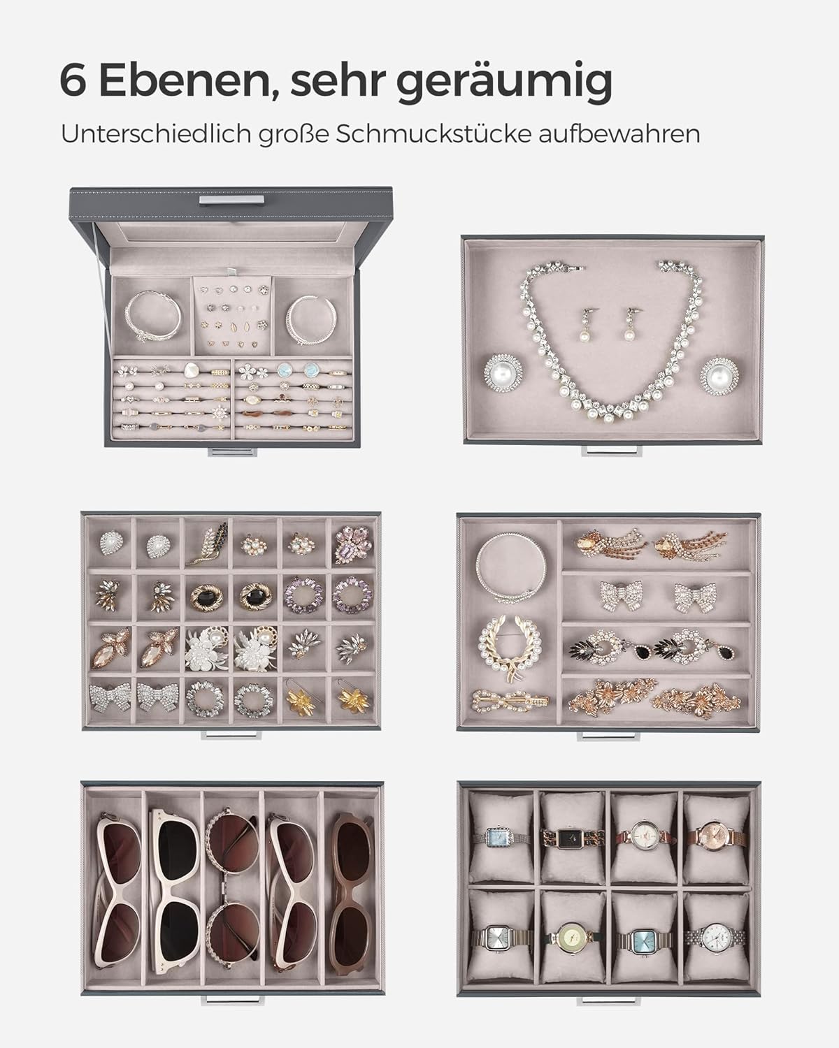 Songmics Κουτί Αποθήκευσης Κοσμημάτων 6 Επιπέδων με 5 Συρτάρια και Καθρέπτη - Grey - JBC138G01