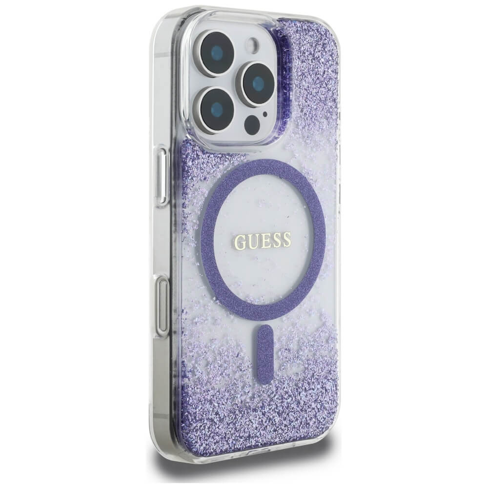 Guess iPhone 16 Pro Max - HC Resin Bottom Glitter - MagSafe Σκληρή Θήκη με Πλαίσιο Σιλικόνης - Purple - GUHMP16XRGRGEU