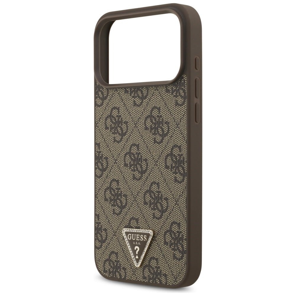 Guess iPhone 17 Pro Max - 4G Triangle Strass MagSafe - Σκληρή Θήκη με Επένδυση Συνθετικού Δέρματος - Brown - GUHMP17XP4TDPLW