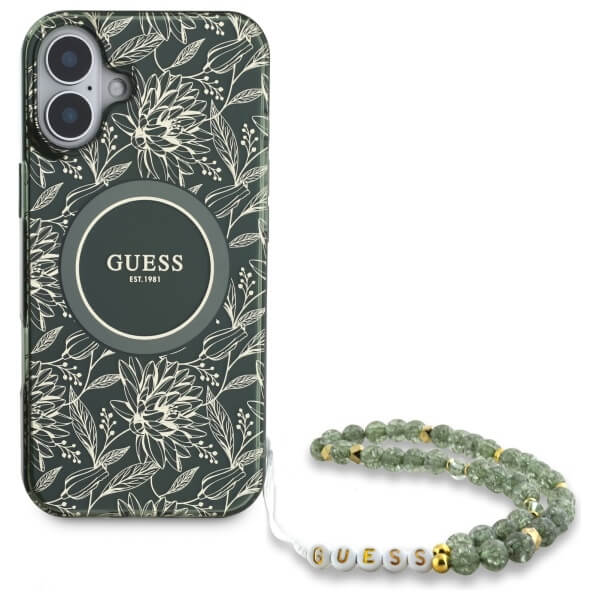 Guess iPhone 16 - IML Flowers Allover Electro With Pearl Strap MagSafe - Σκληρή Θήκη με Πλαίσιο Σιλικόνης και Λουράκι - White / Green - GUHMP16SHCPOFPA