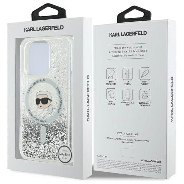 Karl Lagerfeld iPhone 16 Pro Max - Liquid Glitter Karl Head - MagSafe Σκληρή Θήκη με Πλαίσιο Σιλικόνης - Διάφανη - KLHMP16XLGKISGH