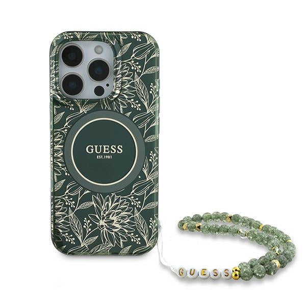 Guess iPhone 16 Pro - IML Flowers Allover Electro With Pearl Strap MagSafe - Σκληρή Θήκη με Πλαίσιο Σιλικόνης και Λουράκι - White / Green - GUHMP16LHCPOFPA