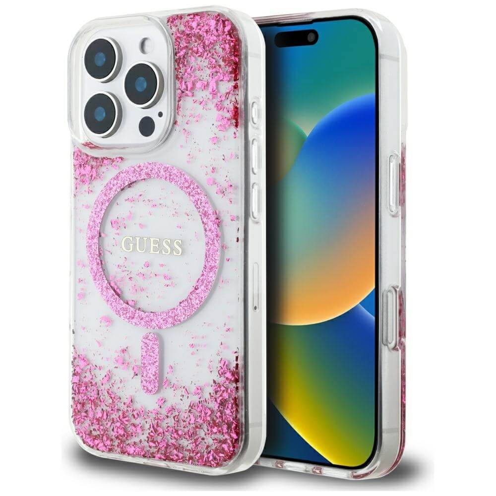 Guess iPhone 16 Pro Max - HC Resin Bottom Glitter - MagSafe Σκληρή Θήκη με Πλαίσιο Σιλικόνης - Pink - GUHMP16XRGRGEP
