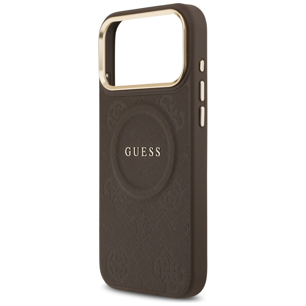 Guess iPhone 17 Pro Max - Peony Hot Stamp MagSafe - Σκληρή Θήκη με Επένδυση Συνθετικού Δέρματος - Brown - GUHMP17XPSAMSECW