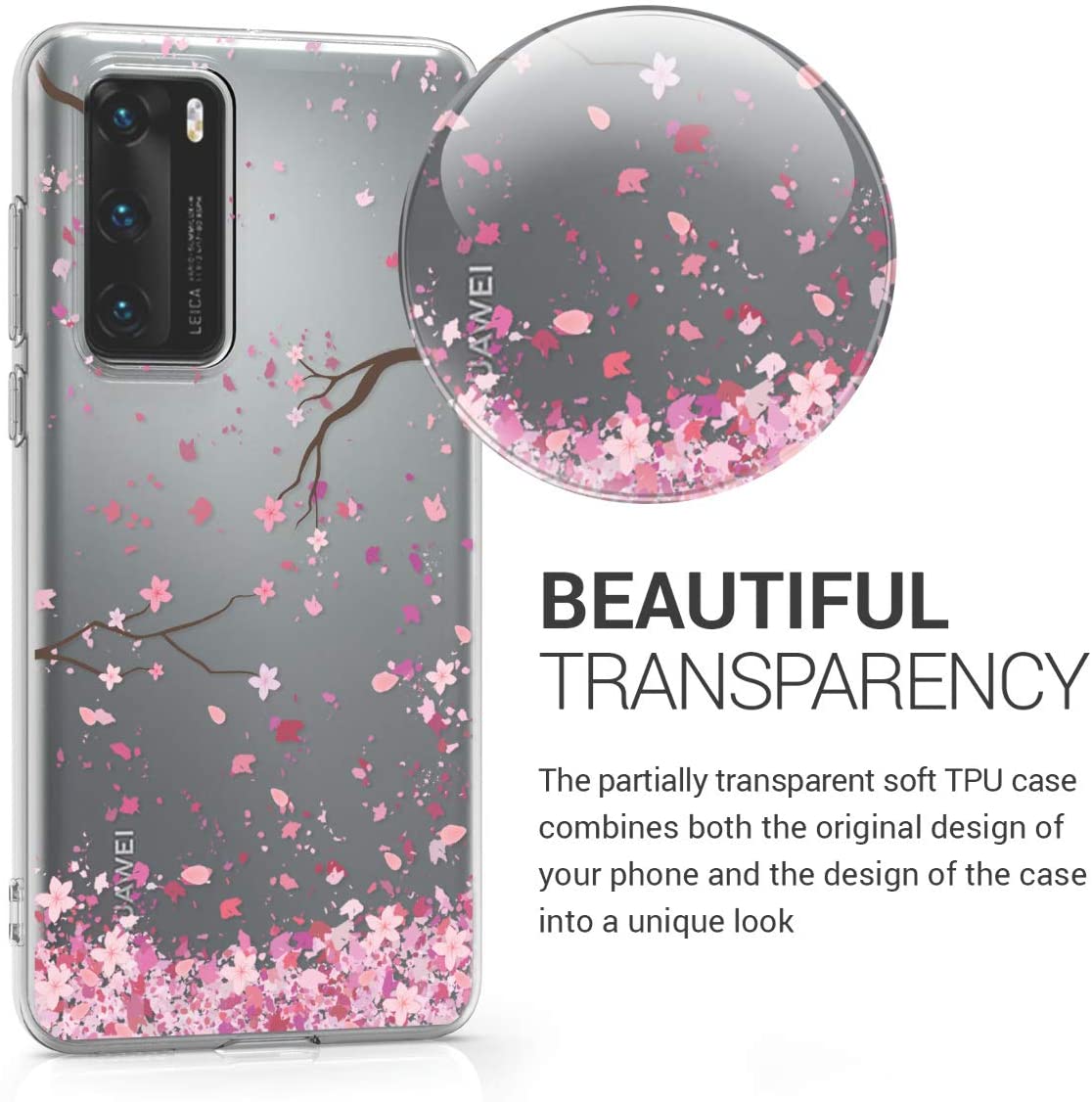 KW Huawei P40 Θήκη Σιλικόνης TPU Design Cherry Blossoms - Light Pink / Dark Brown - Διάφανη - 52162.03
