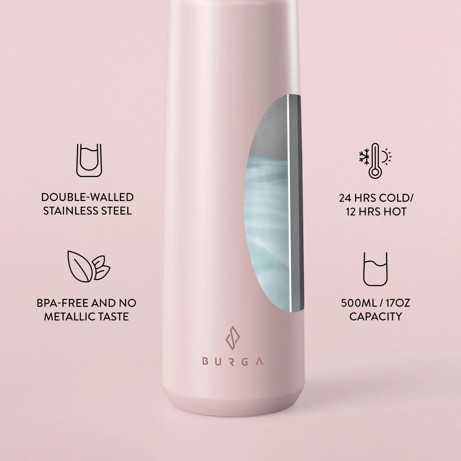 Burga W-BOTTLE Μπουκάλι Θερμός από Ανοξείδωτο Ατσάλι - 500ml - Blush Pink