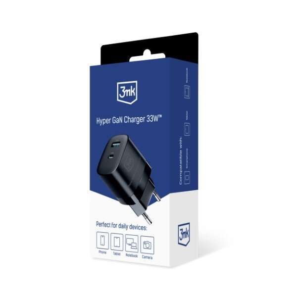 3MK Hyper GaN 33W Οικιακός Φορτιστής Γρήγορης Φόρτισης με 1 Θύρα Type - C και 1 Θύρα USB - Black