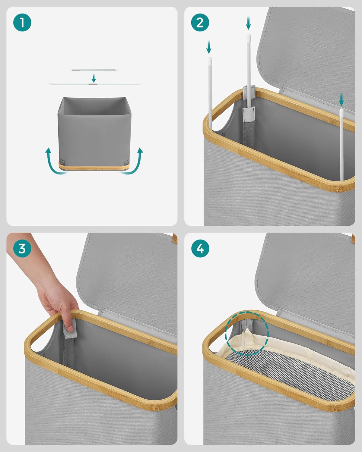 Songmics Καλάθι Απλύτων με Καπάκι και Αποσπώμενη Εσωτερική Θήκη - 60L - Dove Grey - LCB506G01