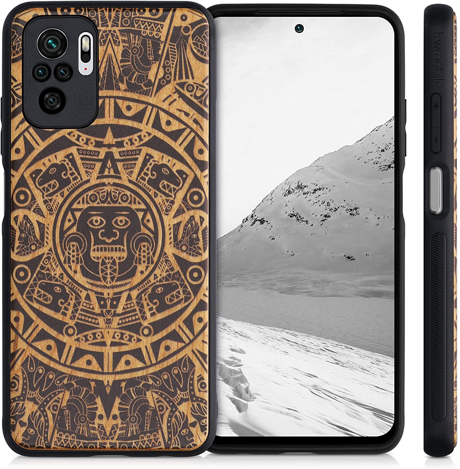 KW Xiaomi Redmi Note 10 / Note 10s / Poco M5s Θήκη από Φυσικό Ξύλο - Design Maya Calendar Art - Light Brown / Black - 54548.02