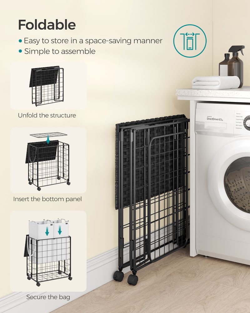 Songmics Τροχήλατο Αναδιπλούμενο Καλάθι Απλύτων με 2 Χωρίσματα και Καπάκι - 110L - Black / White - LCB211B12