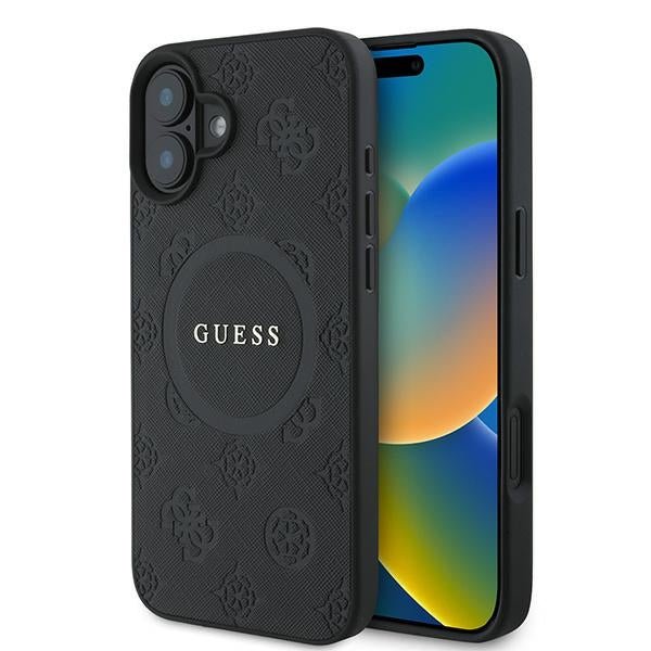 Guess iPhone 16 Plus - Saffiano Peony Classic Logo - MagSafe Σκληρή Θήκη με Πλαίσιο Σιλικόνης και Συνθετικό Δέρμα - Black - GUHMP16MPSAPSMEK
