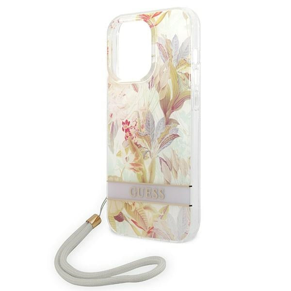 Guess iPhone 14 Pro Flower Strap Σκληρή Θήκη με Πλαίσιο Σιλικόνης και Λουράκι - Purple - GUOHCP14LHFLSU