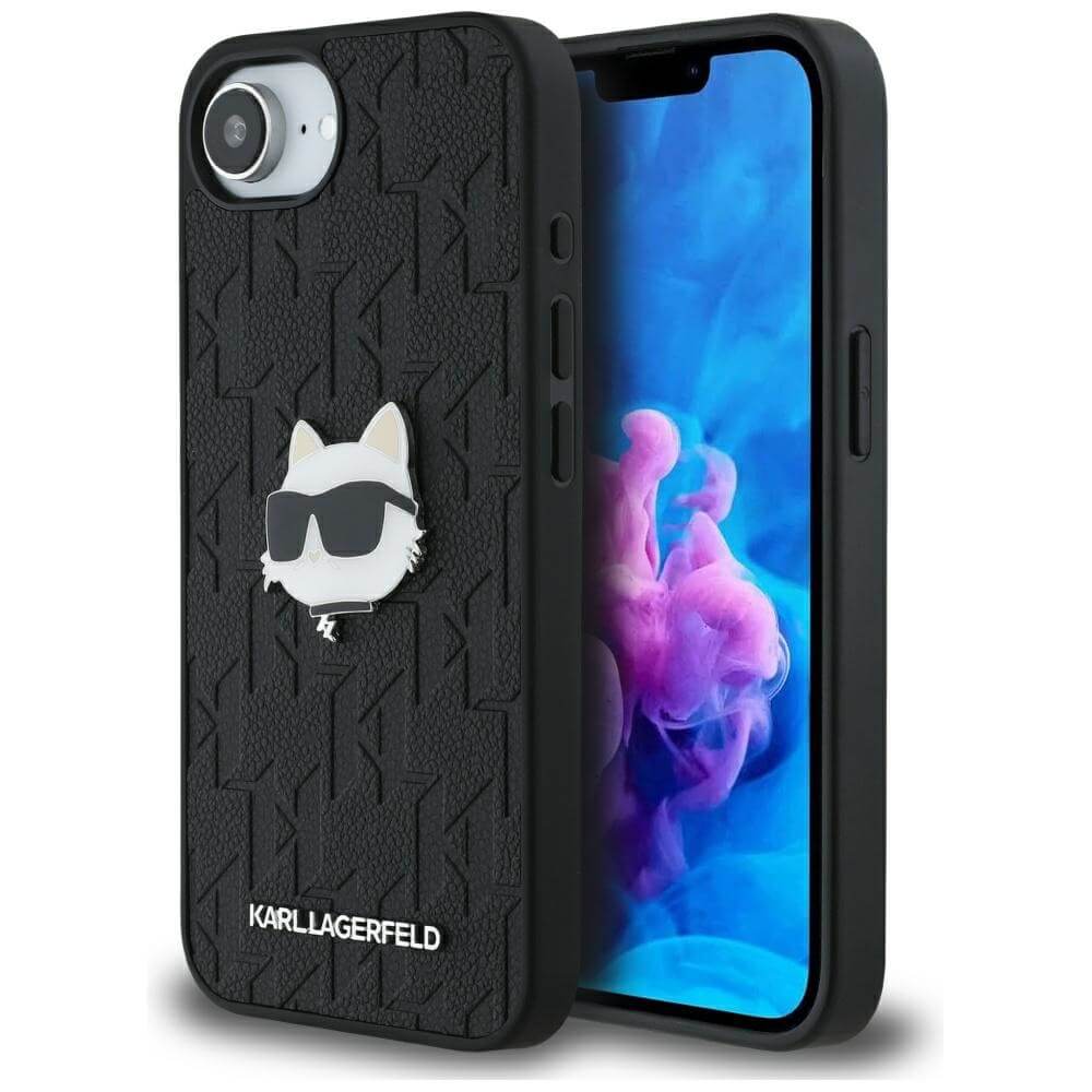 Karl Lagerfeld iPhone 16e - Monogram Choupette Head Pin Σκληρή Θήκη με Επένδυση Συνθετικού Δέρματος - Black - KLHCPSE4PGKLCHPK