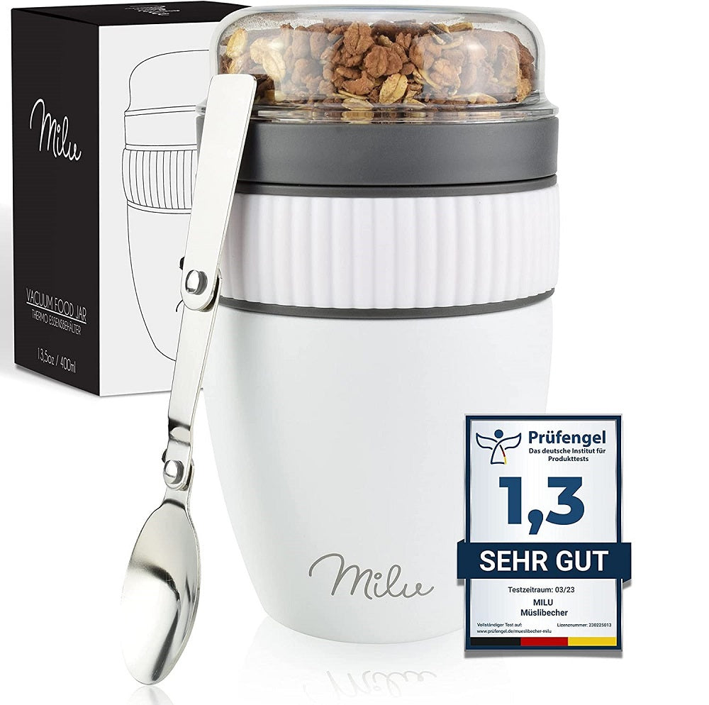 Milu SP Cereal Cup to Go Φορητό Δοχείο Φαγητού από Ανοξείδωτο Ατσάλι με Κουτάλι - 400ml - White - 2501