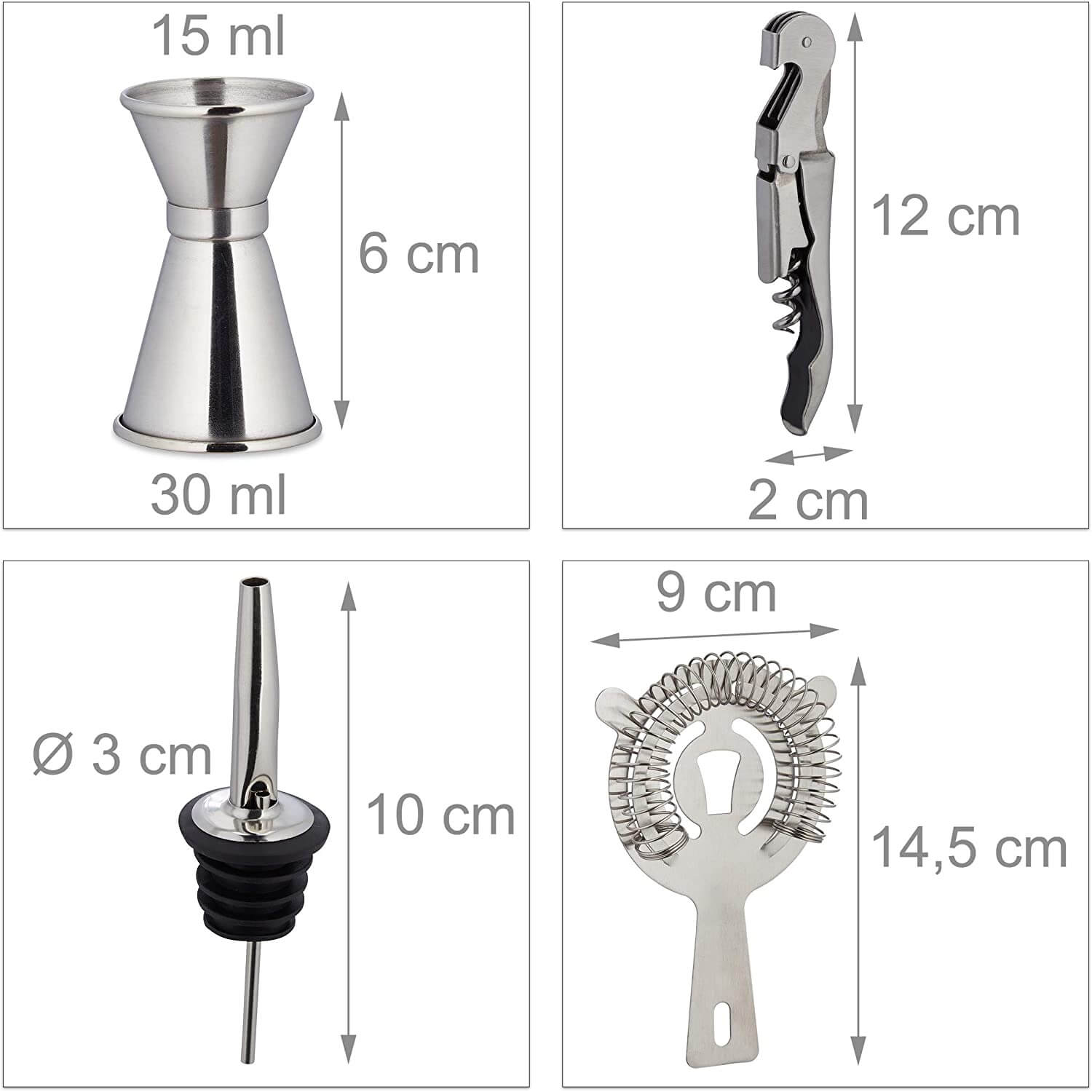 Relaxdays Σετ Κοκτέιλ 9 Τεμαχίων από Ανοξείδωτο Ατσάλι με Βάση από Μπαμπού - Silver / Natural - 4052025259488