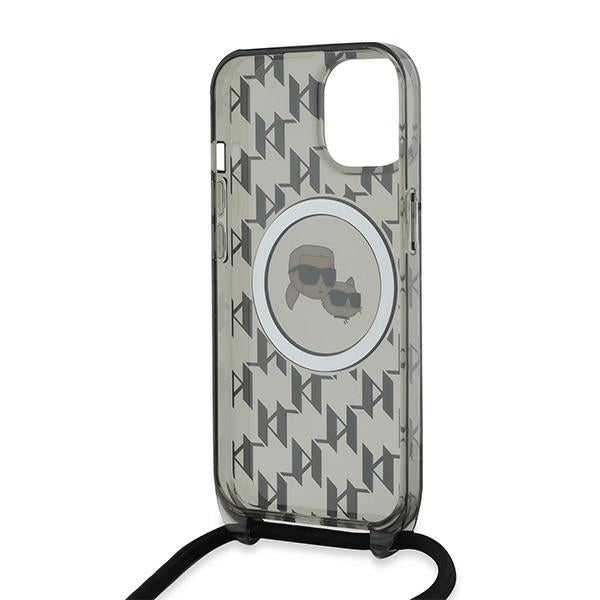 Karl Lagerfeld iPhone 15 / 14 / 13 - IML Crossbody Monogram Karl and Choupette Head - MagSafe Σκληρή Θήκη με Πλαίσιο Σιλικόνης και Λουράκι - Black - KLHMP15SHCKCKLCK