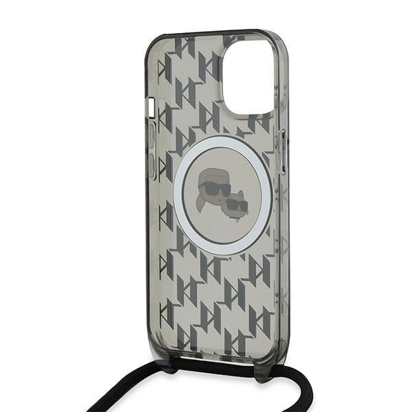 Karl Lagerfeld iPhone 15 / 14 / 13 - IML Crossbody Monogram Karl and Choupette Head - MagSafe Σκληρή Θήκη με Πλαίσιο Σιλικόνης και Λουράκι - Black - KLHMP15SHCKCKLCK