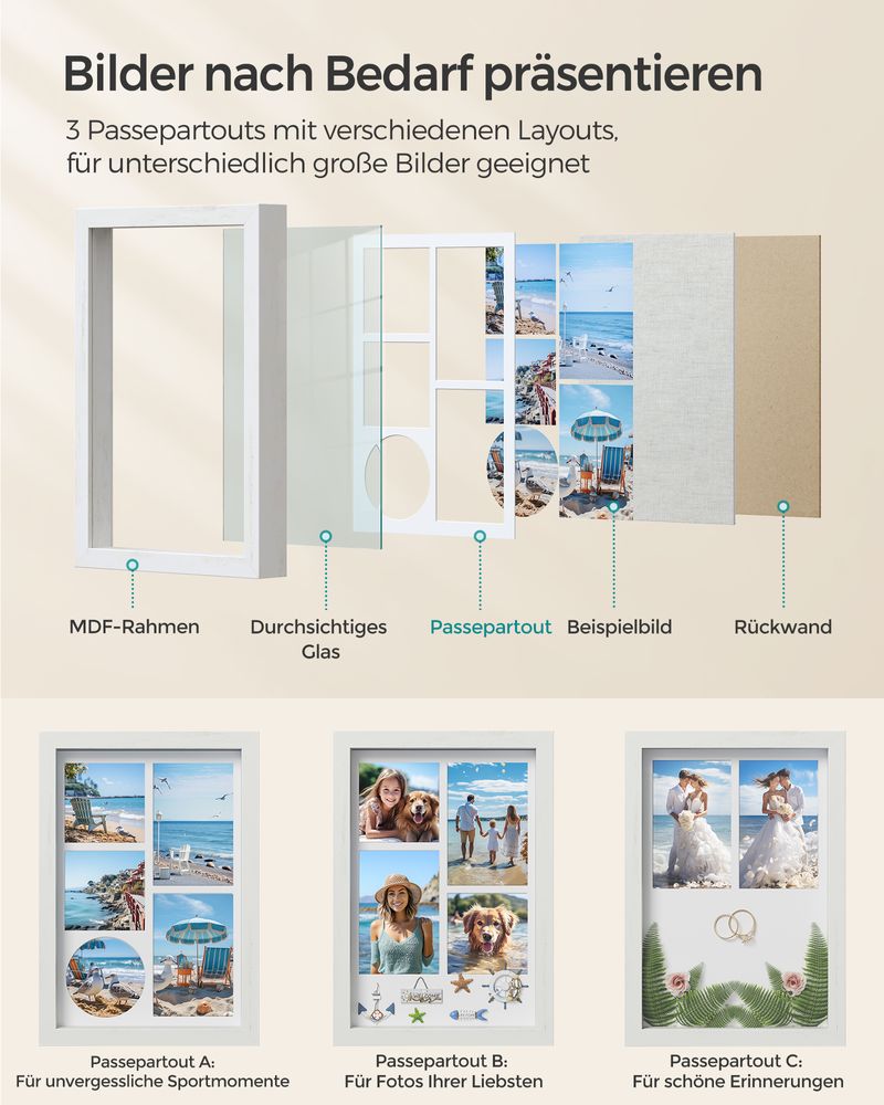 Songmics Σετ με 2 Ξύλινες Κορνίζες Κολάζ Μεγέθους A4 - 36.5 x 26 cm - Vintage White - RPF019W02