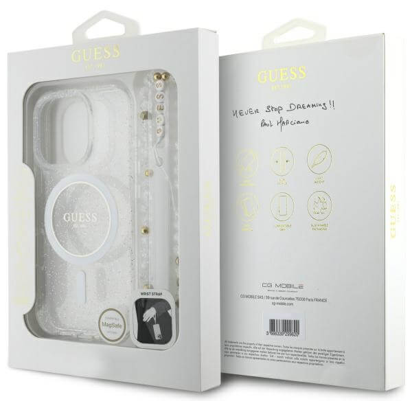 Guess iPhone 16 Pro - IML Glitter With Pearl Strap MagSafe - Σκληρή Θήκη με Πλαίσιο Σιλικόνης και Λουράκι - Διάφανη - GUHMP16LHGCRELST