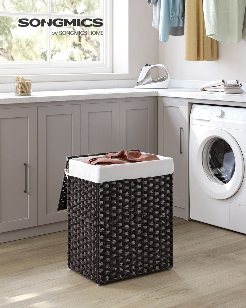 Songmics Χειροποίητο Καλάθι Απλύτων από Συνθετικό Rattan με Καπάκι - 90 L - Black - LCB51BK