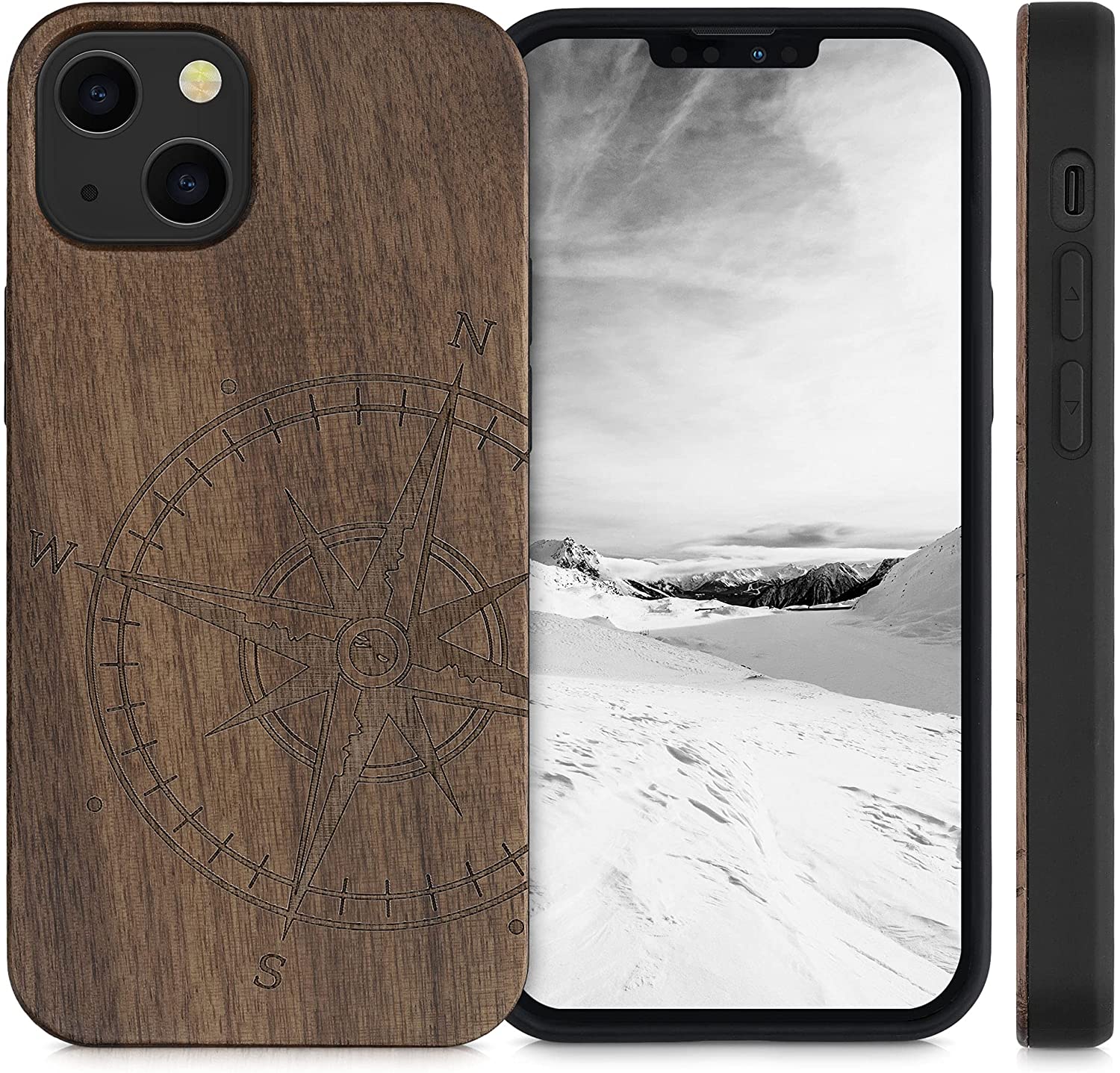 KW iPhone 13 Θήκη από Φυσικό Ξύλο Design Navigational Compass - Dark Brown - 55953.01