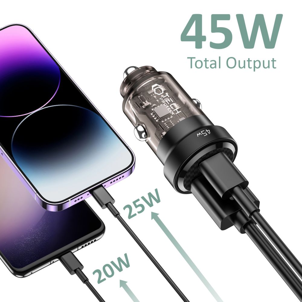 Tech-Protect CC45W 2-Port Φορτιστής Αυτοκινήτου Γρήγορης Φόρτισης με 1 Θύρα Type-C και 1 Θύρα USB QC3.0 - Black
