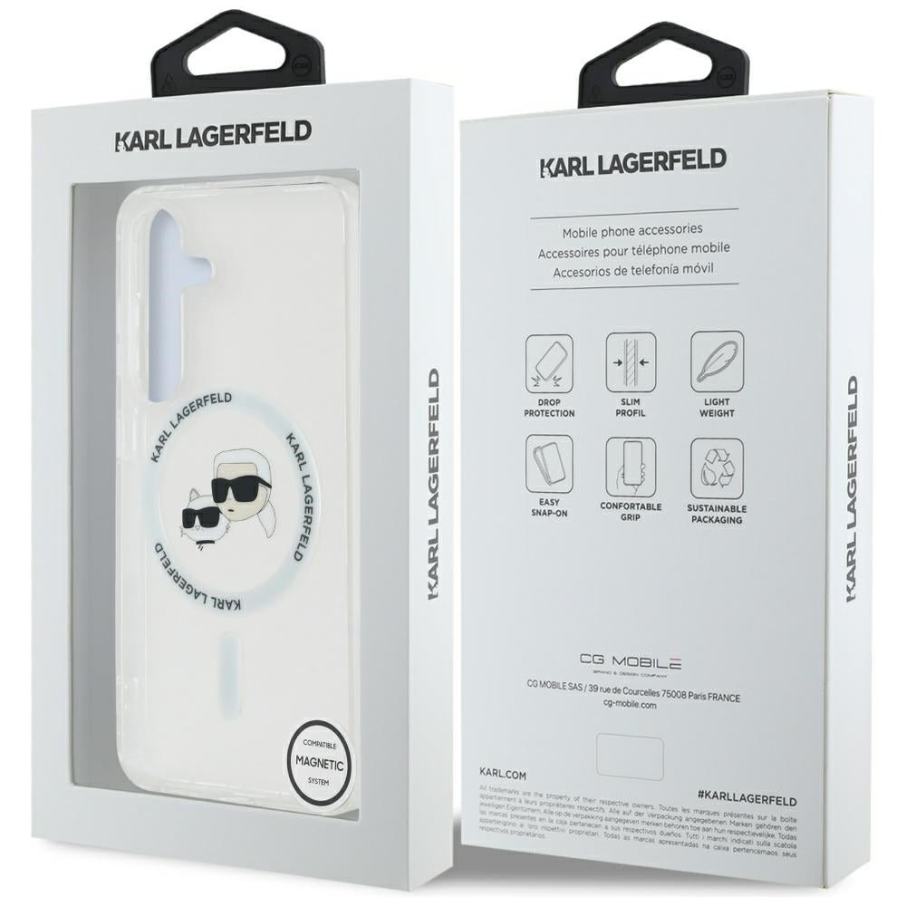 Karl Lagerfeld Samsung Galaxy S25 - Button Karl and Choupette Heads Printed Logo - MagSafe Σκληρή Θήκη με Πλαίσιο Σιλικόνης - White - KLHMS25SHLSKCH
