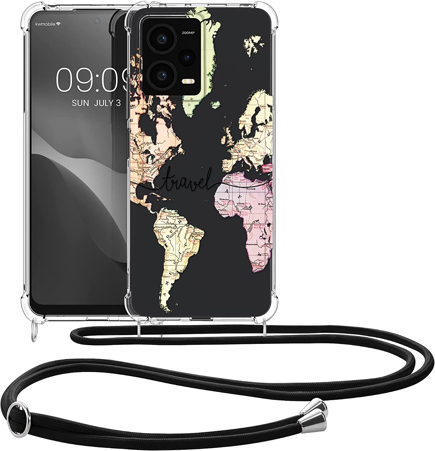 KW Xiaomi Redmi Note 12 Pro+ Θήκη Σιλικόνης TPU με Λουράκι - Design Travel - Black / Multicolor / Διάφανη - 60717.02