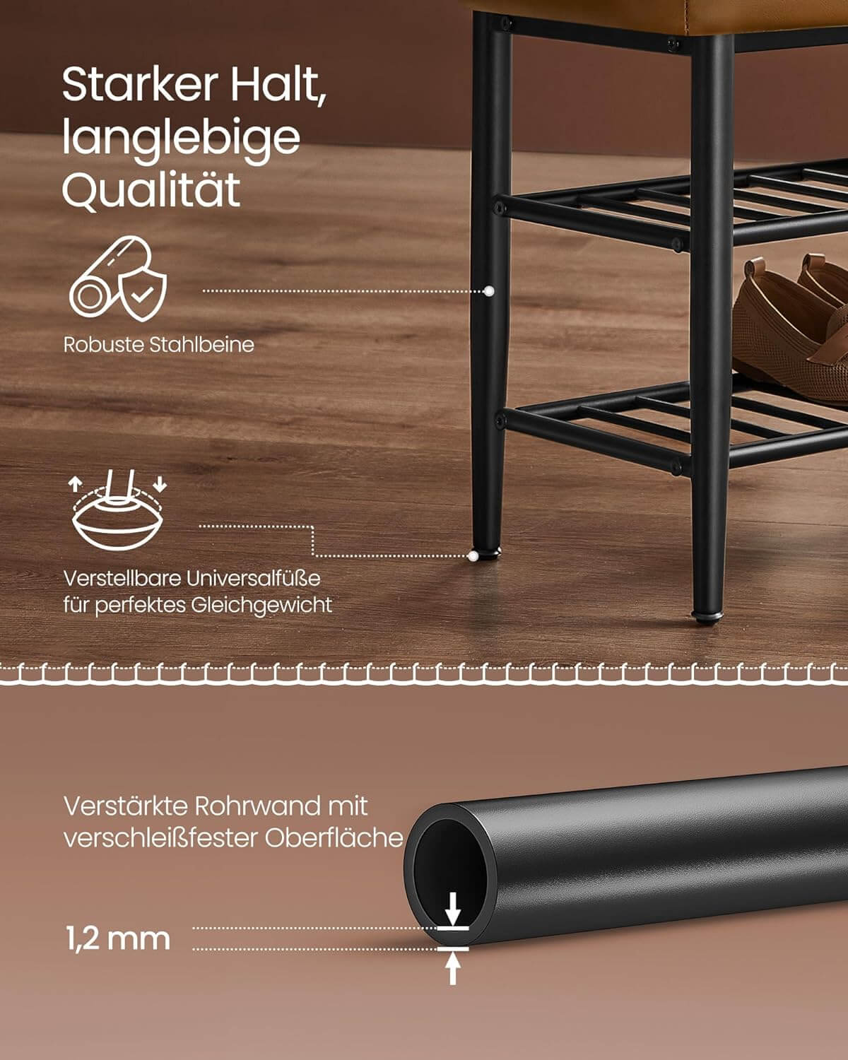 Vasagle EKHO Πάγκος / Σκαμπό με Κάθισμα από Συνθετικό δέρμα και 2 Ράφια - 30 x 80 x 50 cm - Caramel Brown - LSB054K01