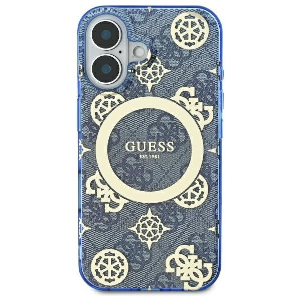 Guess iPhone 16 - IML Peony On 4G Background - MagSafe Θήκη με Επένδυση Συνθετικού Δέρματος - Blue - GUHMP16SH4PYEEB