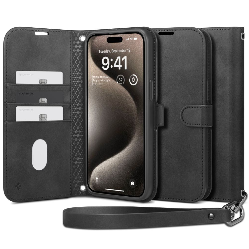 Spigen iPhone 15 Pro Wallet S Pro Θήκη Πορτοφόλι Stand από Δερματίνη - Black