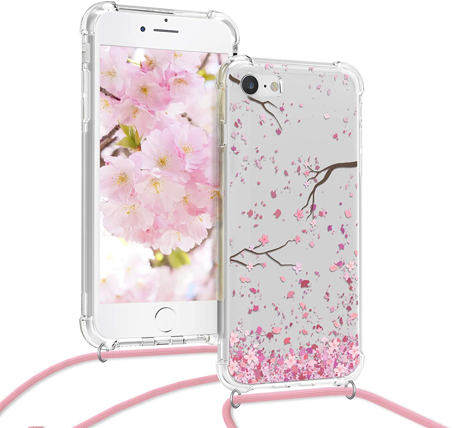 KW iPhone SE 2022 / SE 2020 / 7 / 8 Θήκη Σιλικόνης TPU με Λουράκι Design Cherry Blossoms - Διάφανη / Light Pink / Dark Brown - 48478.12