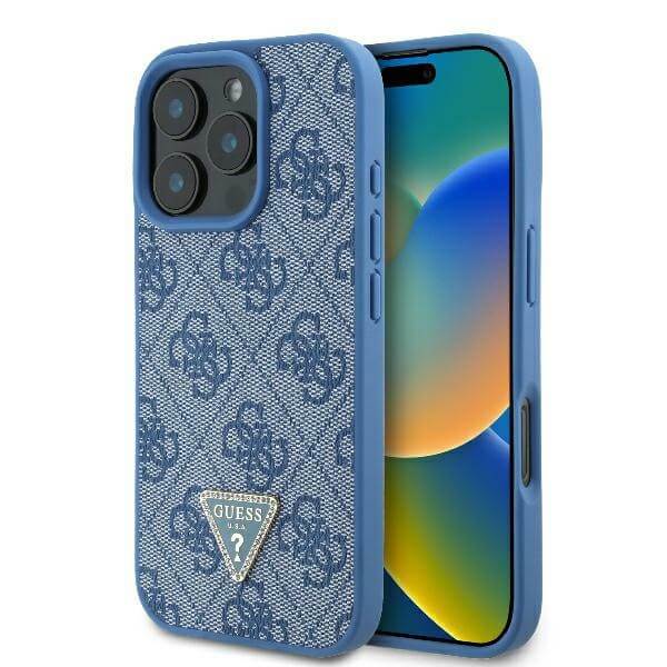 Guess iPhone 16 Pro Max - Leather 4G Triangle Strass - Θήκη με Επένδυση Συνθετικού Δέρματος - Blue - GUHCP16XP4TDPB