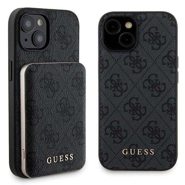 Guess iPhone 15 - 4G Metal Logo Σετ MagSafe Σκληρή Θήκη με Επένδυση Συνθετικού Δέρματος και Powerbank 5000mAh - Black - GUBPM5P15S4GEMGK