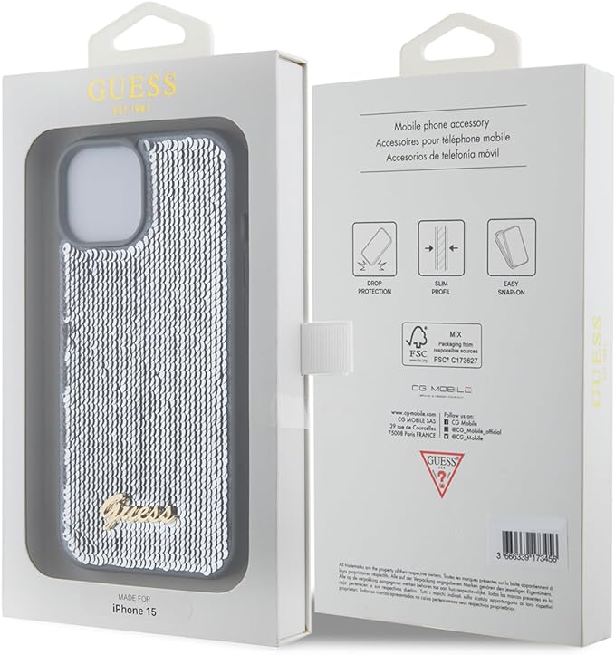 Guess iPhone 15 - Sequin Script Metal Σκληρή Θήκη με Επένδυση από Παγέτες - Silver - GUHCP15SPSFDGSS