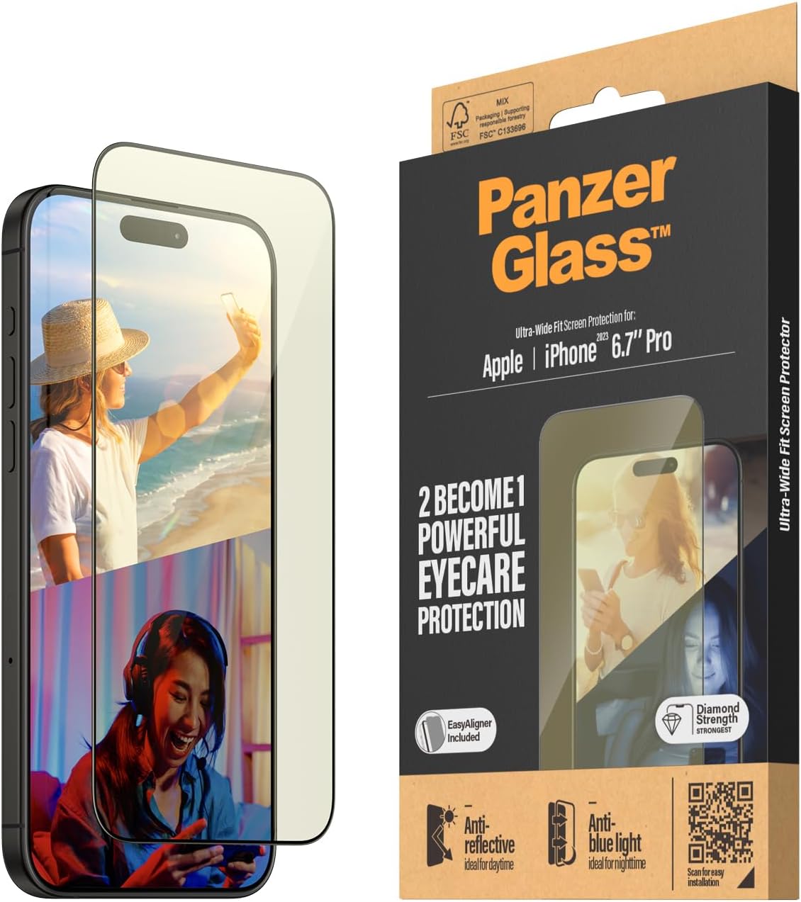 PanzerGlass iPhone 15 Pro Max - EyeCare Ultra-Wide Fit Anti-Blue Light Anti-reflective Easy Aligner Full Screen Αντιχαρακτικό Γυαλί Οθόνης - Black