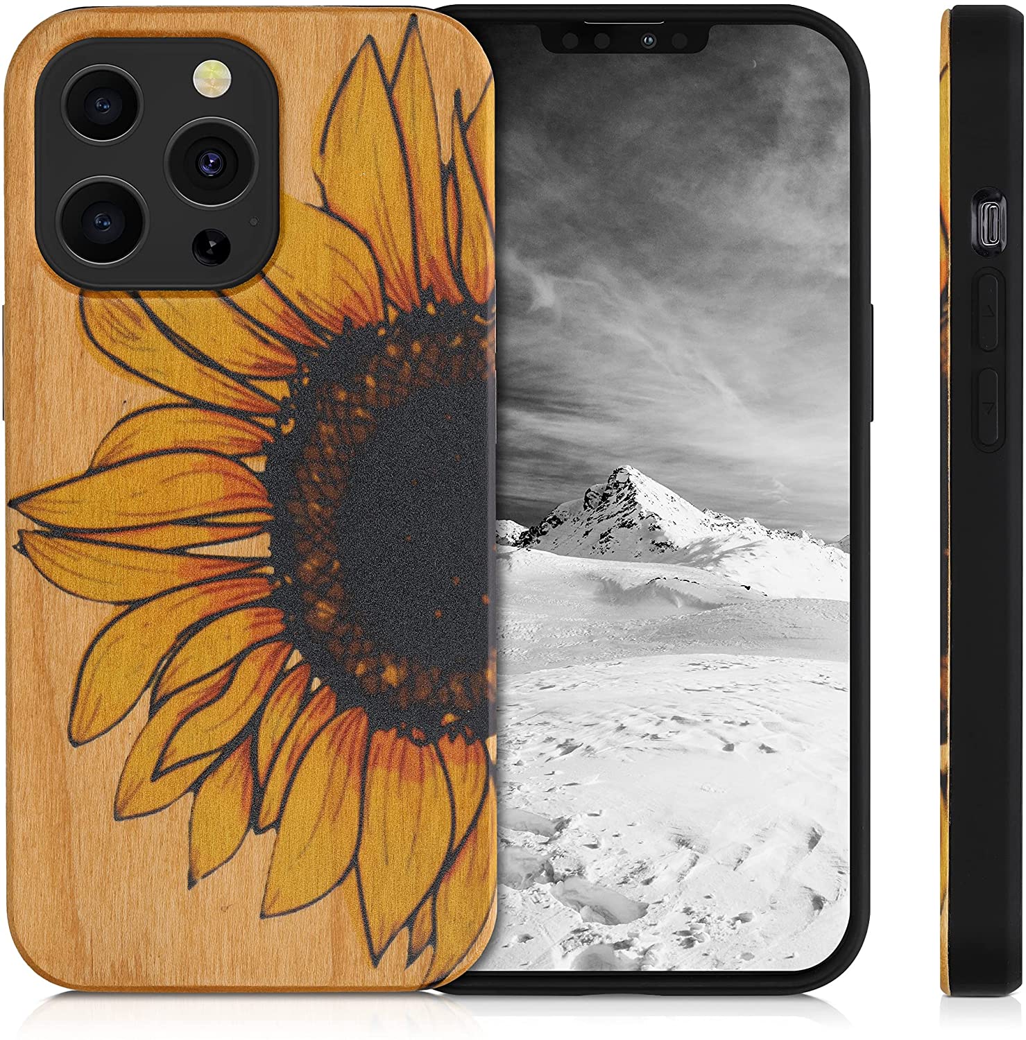 KW iPhone 13 Pro Θήκη από Φυσικό Ξύλο Design Wood Sunflower - Yellow / Dark Brown / Light Brown - 55967.03