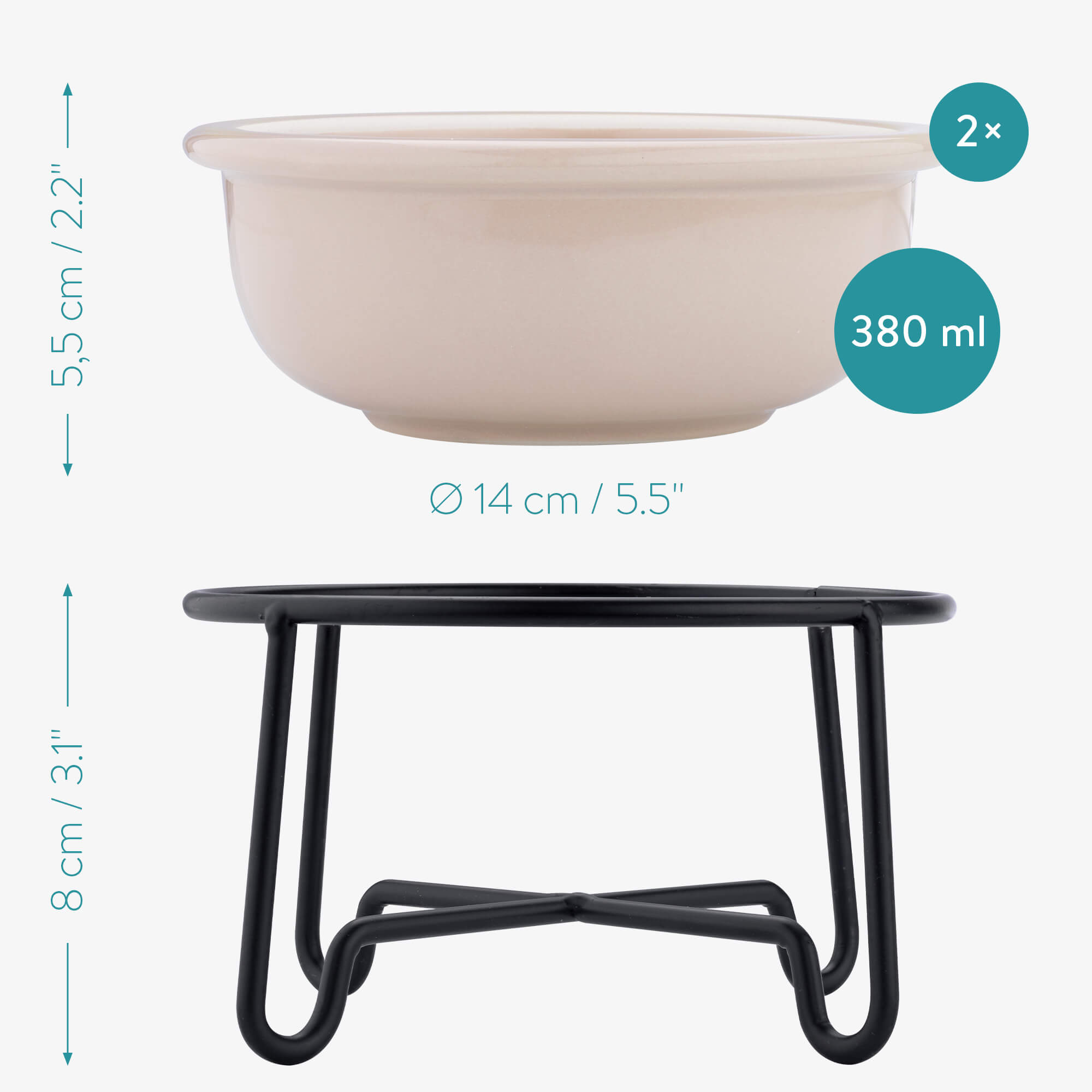 Navaris Σετ με 2 Κεραμικά Μπολ Φαγητού και Νερού με Μεταλλική Βάση για Κατοικίδια - 380ml - Beige / Grey - Black - 55724.11