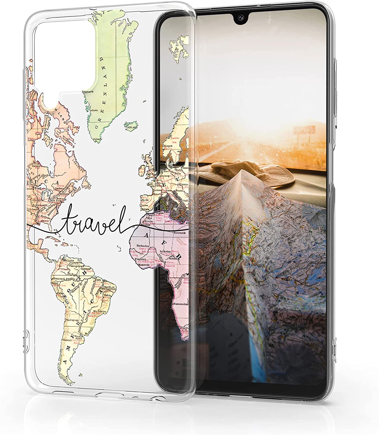 KW Samsung Galaxy A22 4G Θήκη Σιλικόνης TPU Design Travel - Black / Multicolor - Διάφανη - 55498.03