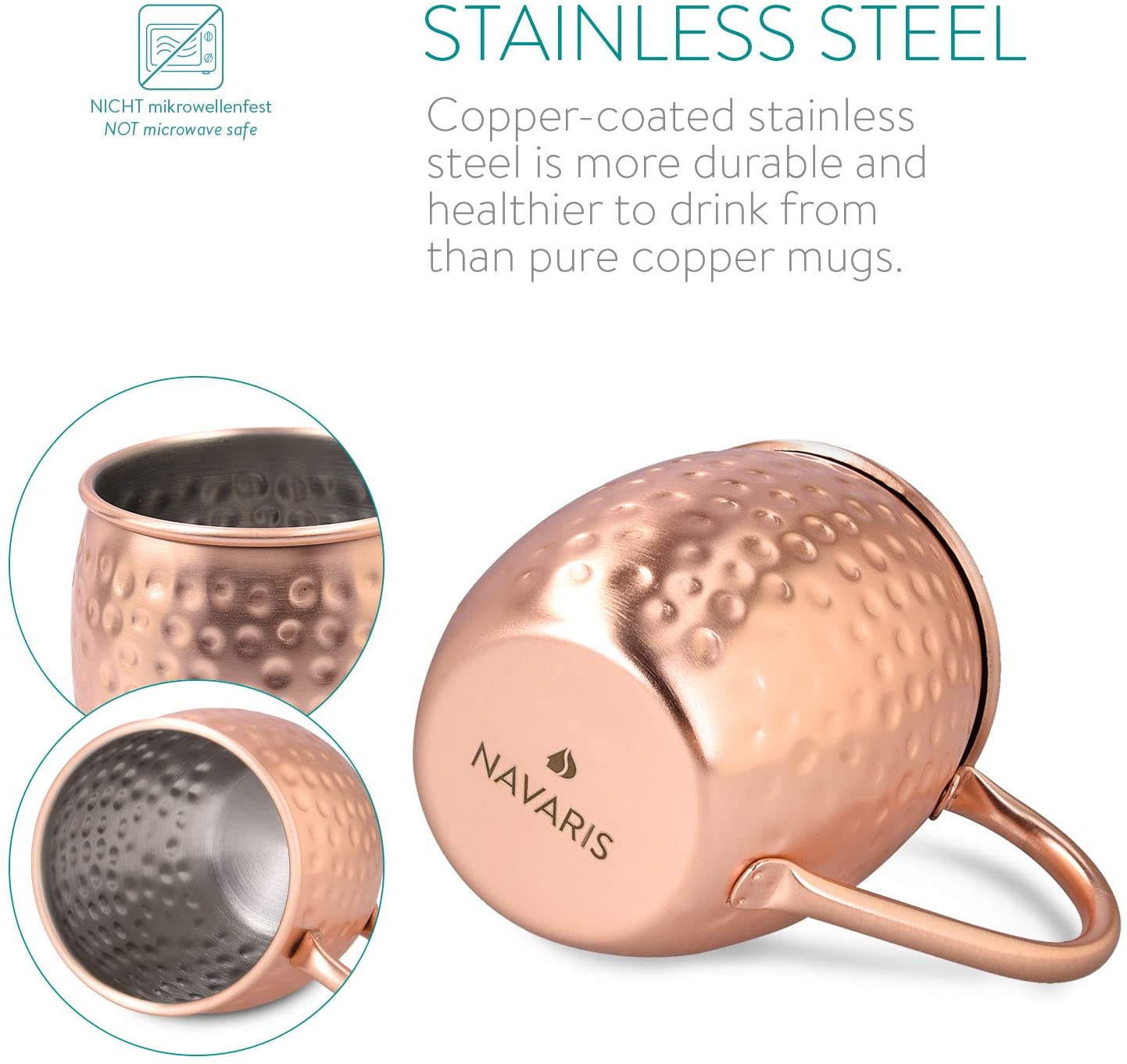 Navaris Moscow Mule Σετ με 4 Κούπες για Cocktail από Ανοξείδωτο Ατσάλι και Επίστρωση Χαλκού - 500ml - Copper - 46859.01.05