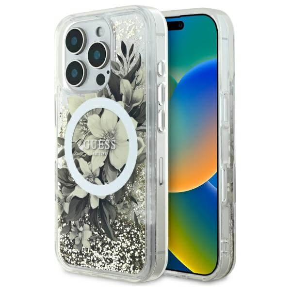 Guess iPhone 16 Pro - Liquid Glitter Flower MagSafe - Σκληρή Θήκη με Πλαίσιο Σιλικόνης - Beige - GUHMP16LLFMWTE