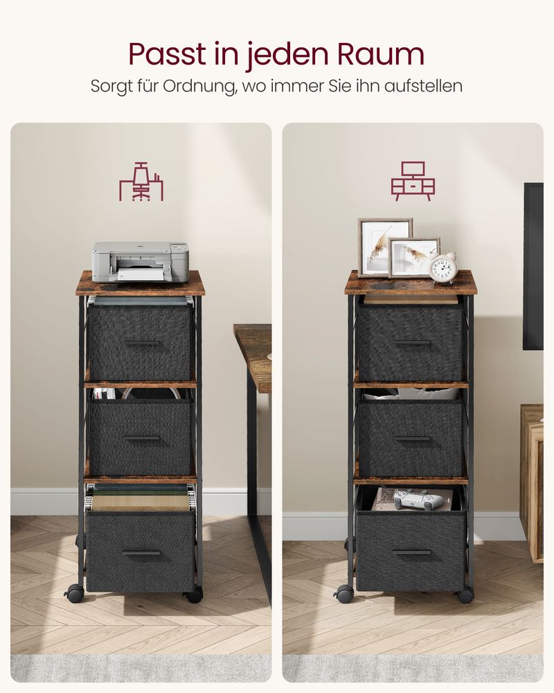 Vasagle Τροχήλατη Βάση Εκτυπωτή / Αρχειοθήκη με 3 Συρτάρια με Χωρητικότητα Εγγράφων A4 - 37.5 x 38.5 x 98.5 cm - Vintage Brown / Ink Black - OFC058B01